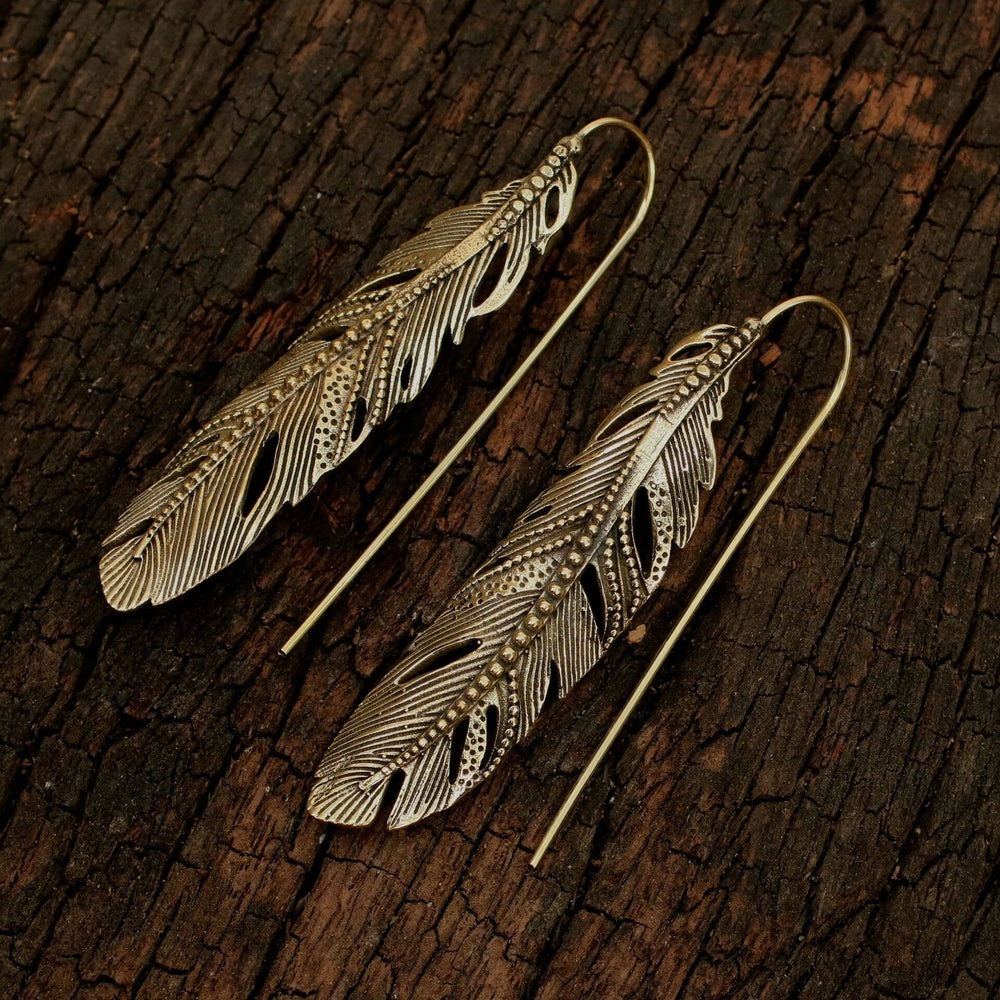 Brass Long Feather Earring - Ethically Made